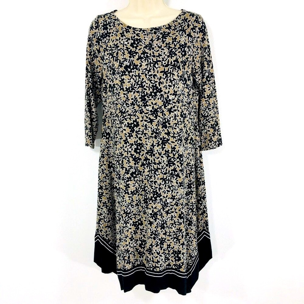 J. Jill Wearever Shift Dress Womens Size XS Tan & Black Border Handkerchief Hem